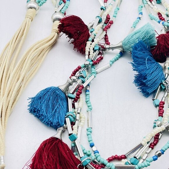 C1946 Multicolor Tassel Necklace Multistrand Silver Tone Blue Red Teal Ethnic - Picture 7 of 9